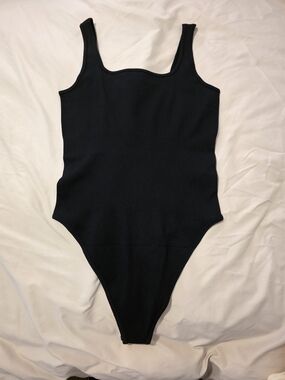Everyday Black Ribbed Scoop-Front,Thong Bodysuit